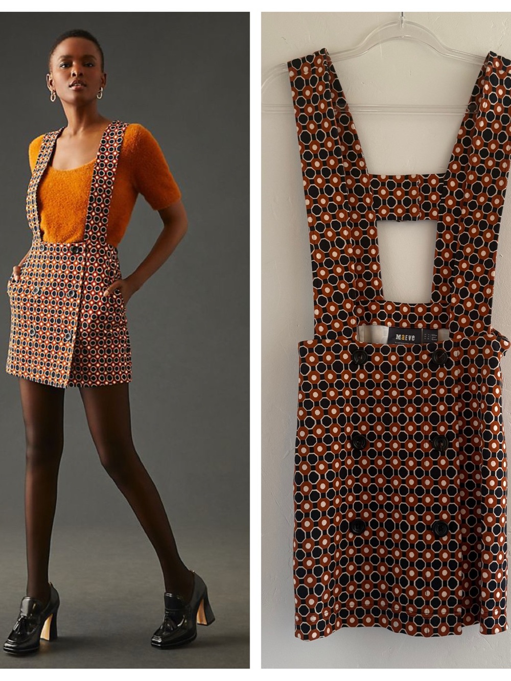 Anthropologie Maeve 4 Brown Geometric Pinafore Dress Mod Jumper Open Back Retro